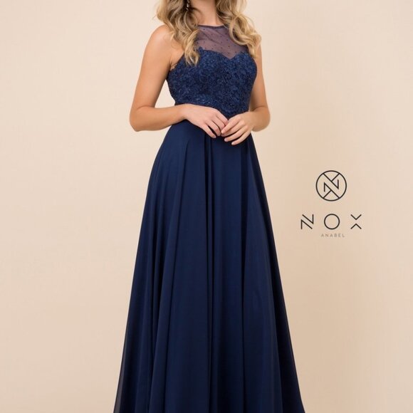 NEW NAVYIllusion Neck A-Line Shape Prom Dress NXY009